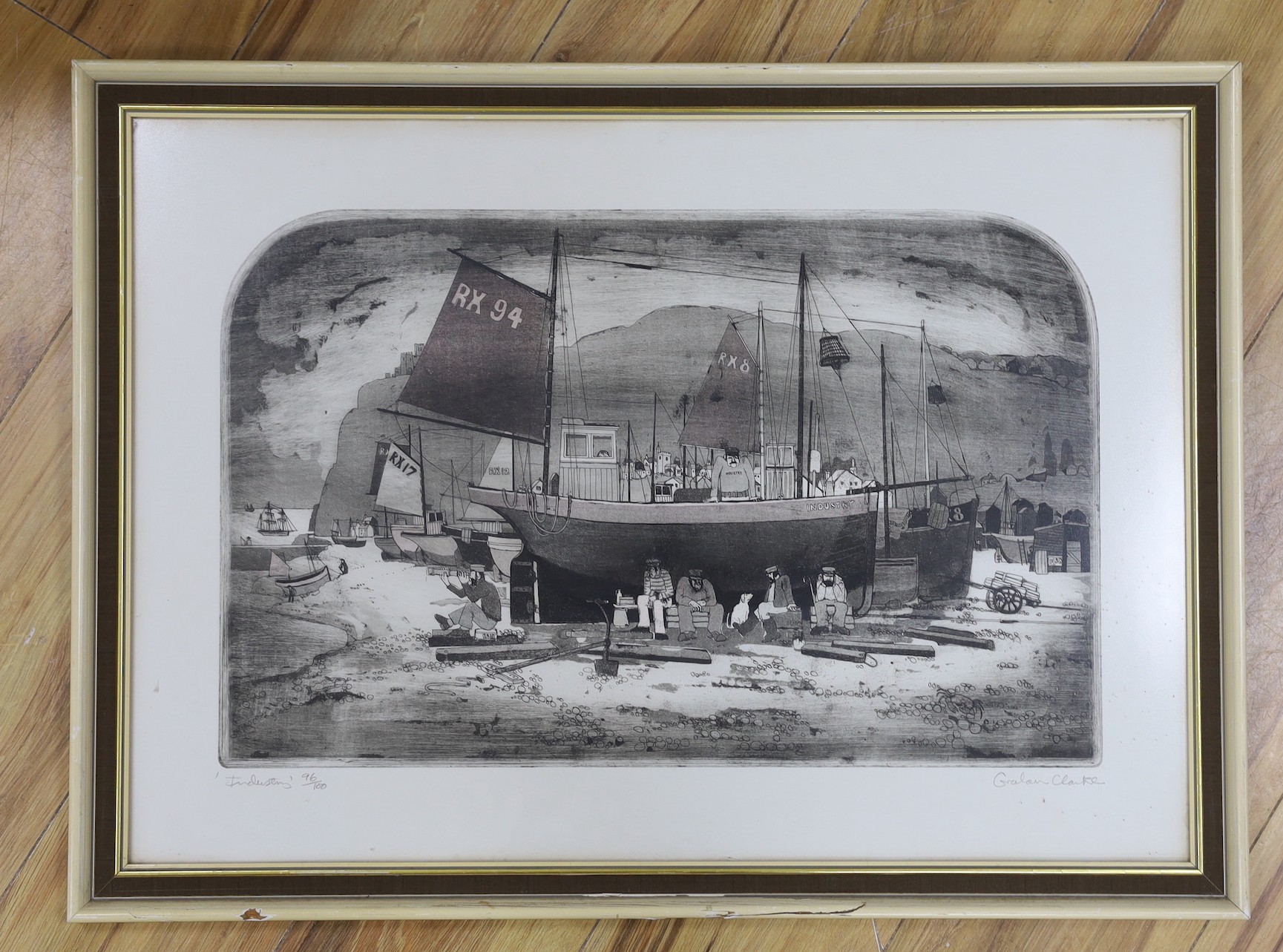 Graham Clarke (1941-), etching and aquatint, 'Industry', signed in pencil, 96/100, 34 x 54cm